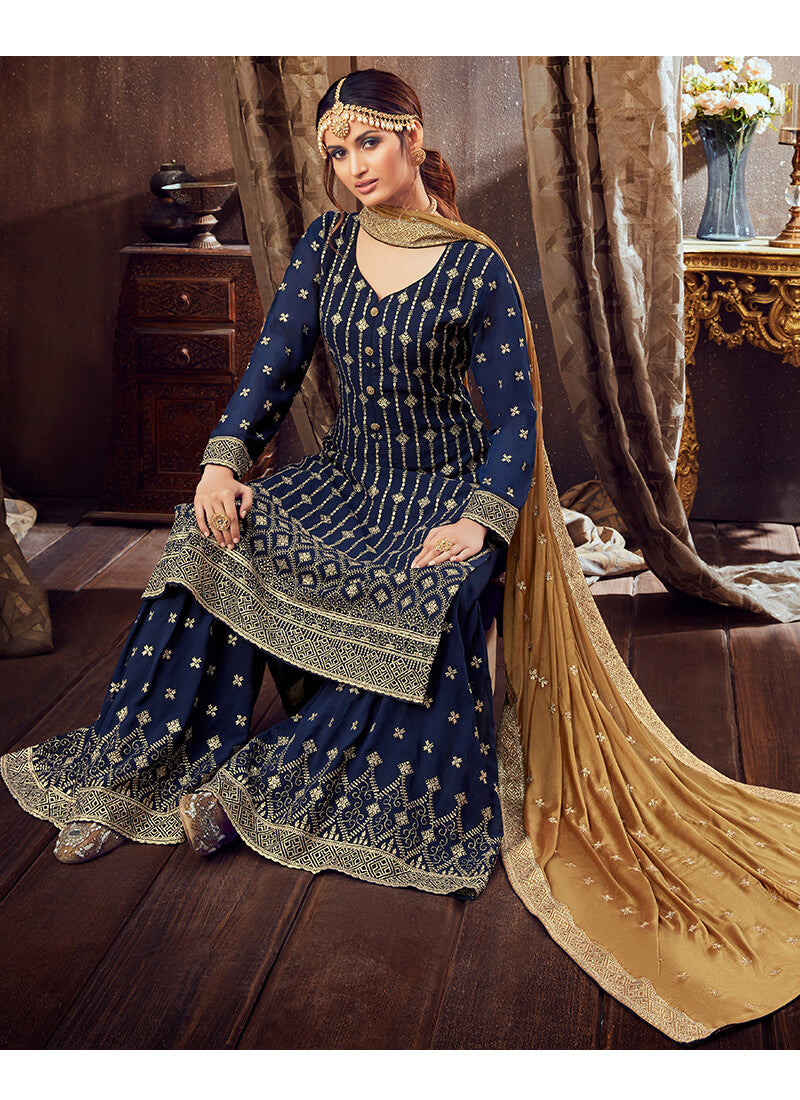 Navy Blue and Gold Sharara Suit