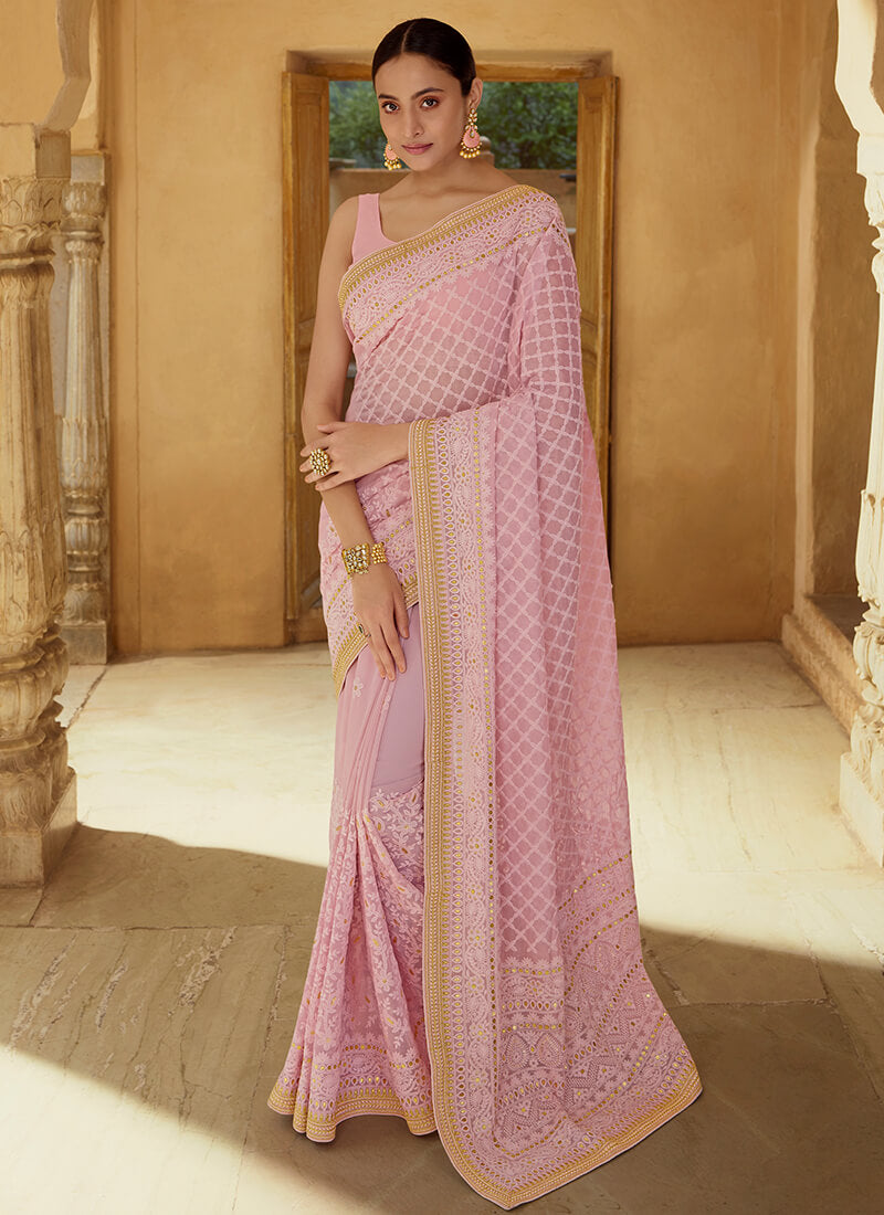 Light Pink Embroidered Georgette Saree