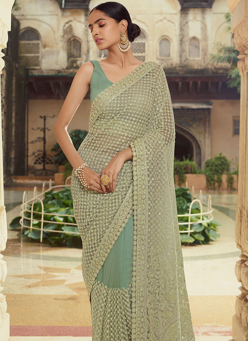 Green Multicolor Embroidered Net Saree