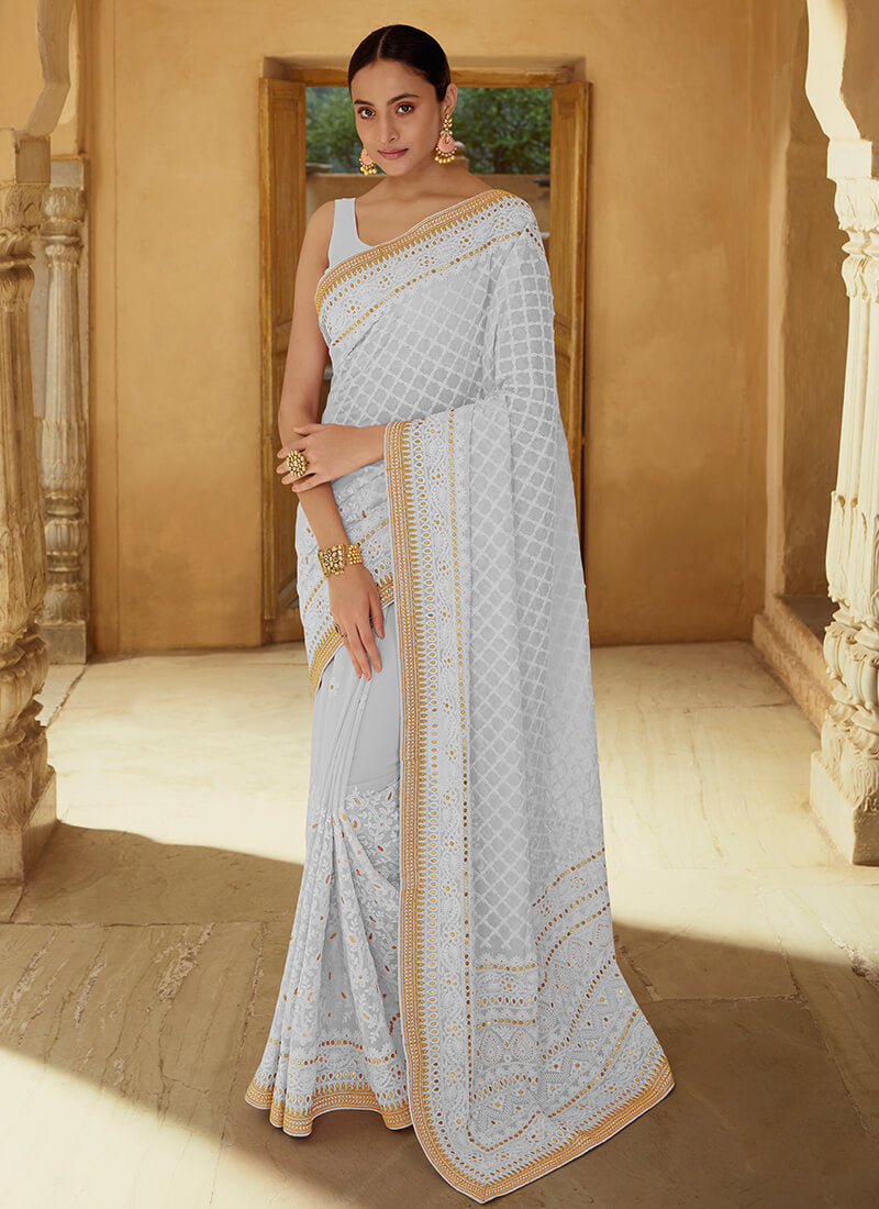 Light Dusty Blue Embroidered Georgette Saree