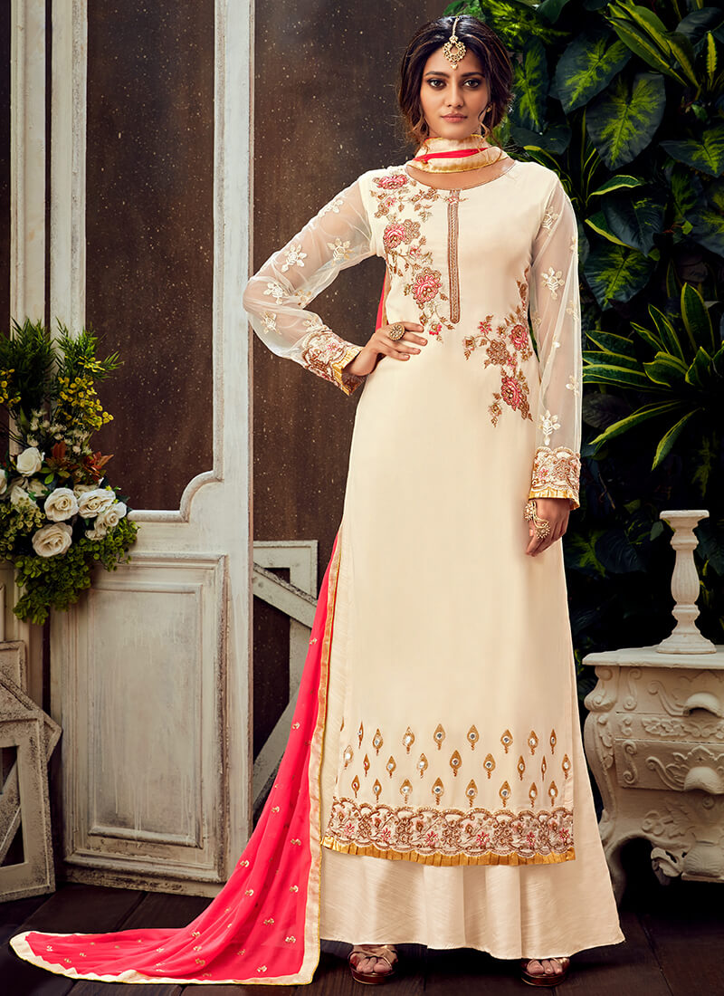 Cream Embroidered Georgette Sharara Suit