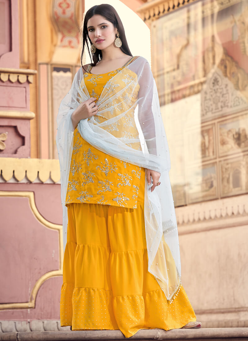 Mustard Yellow Embroidered Sharara Suit
