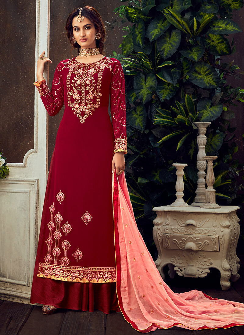 Red Embroidered Georgette Sharara Suit