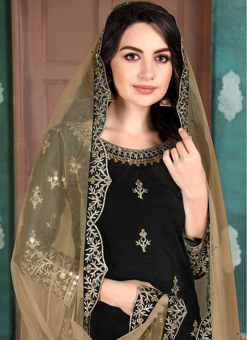 Black and Gold Art Silk Punjabi Suit