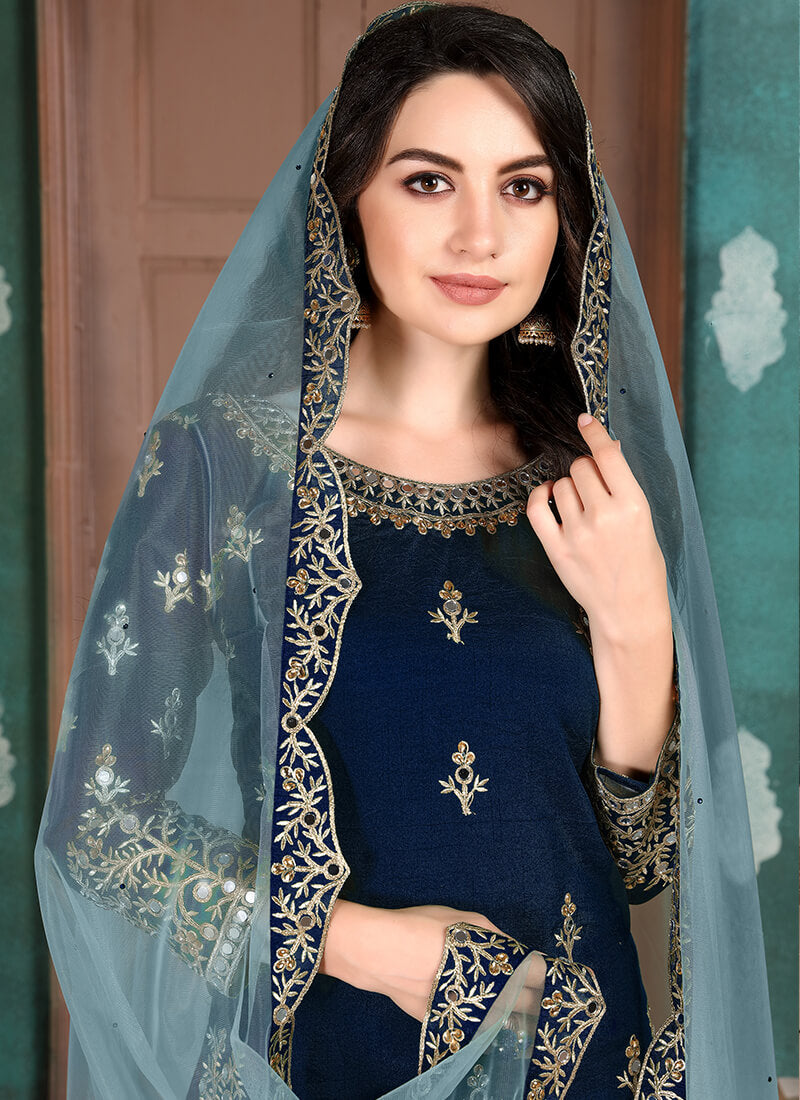 Blue and Gold Art Silk Punjabi Suit
