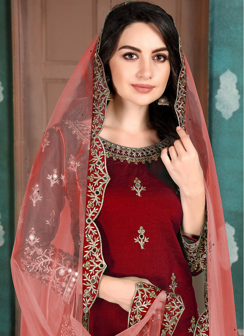 Red and Gold Art Silk Punjabi Suit