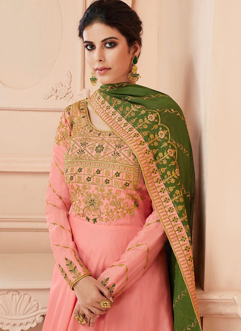 Pink and Mehendi Green Tussar Silk Anarkali