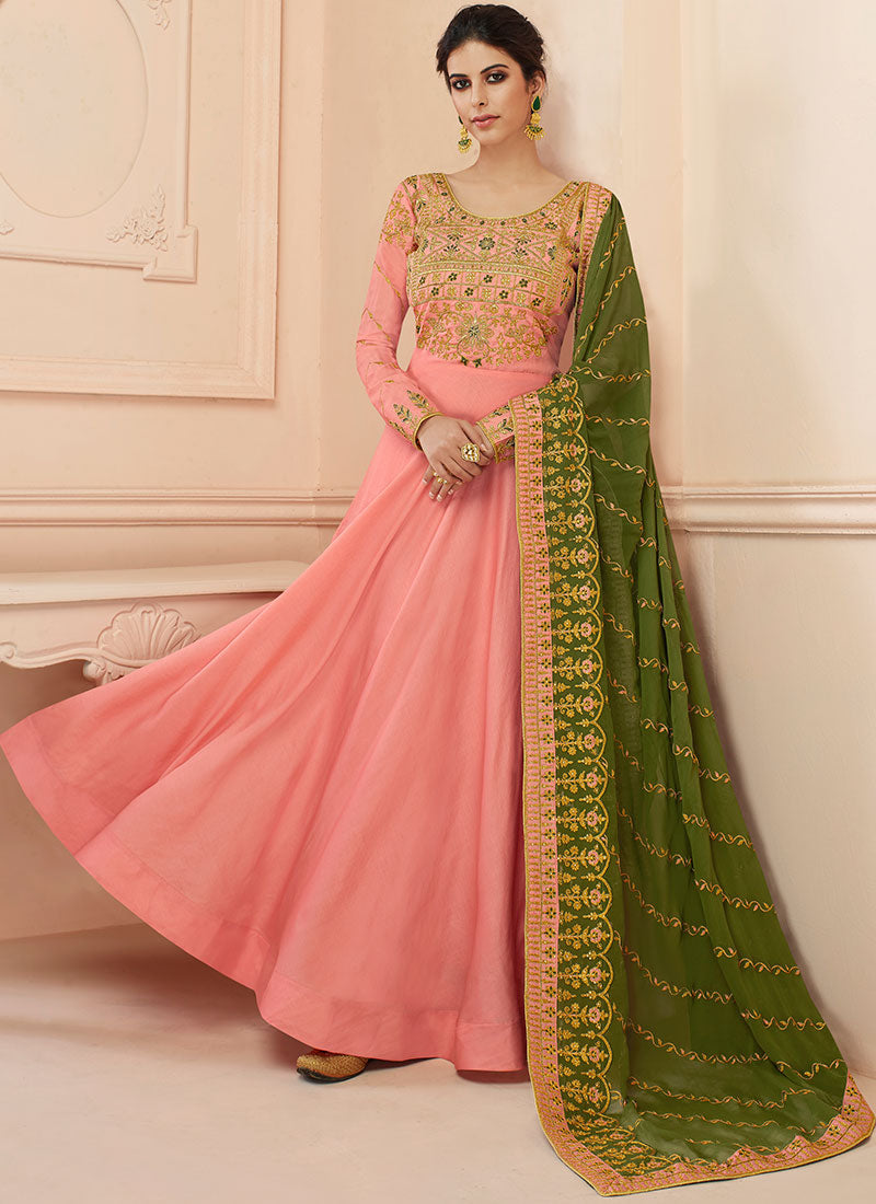 Pink and Mehendi Green Tussar Silk Anarkali