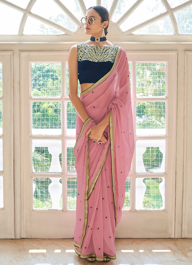 Pink and Blue Embroidered Silk Saree