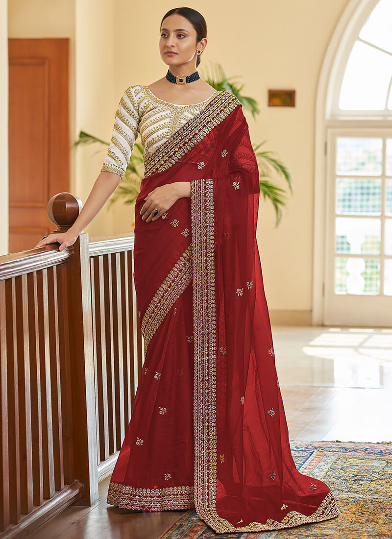 Red Embroidered Organza Saree
