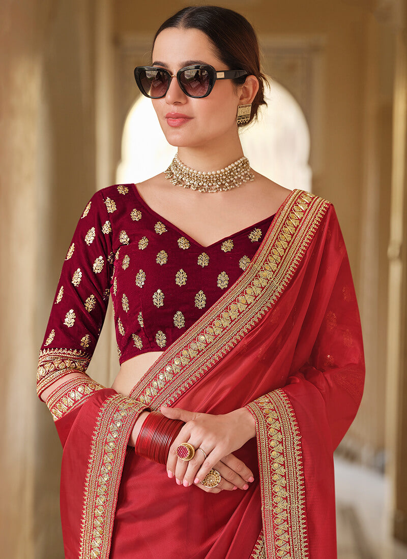 Red Embroidered Organza Saree