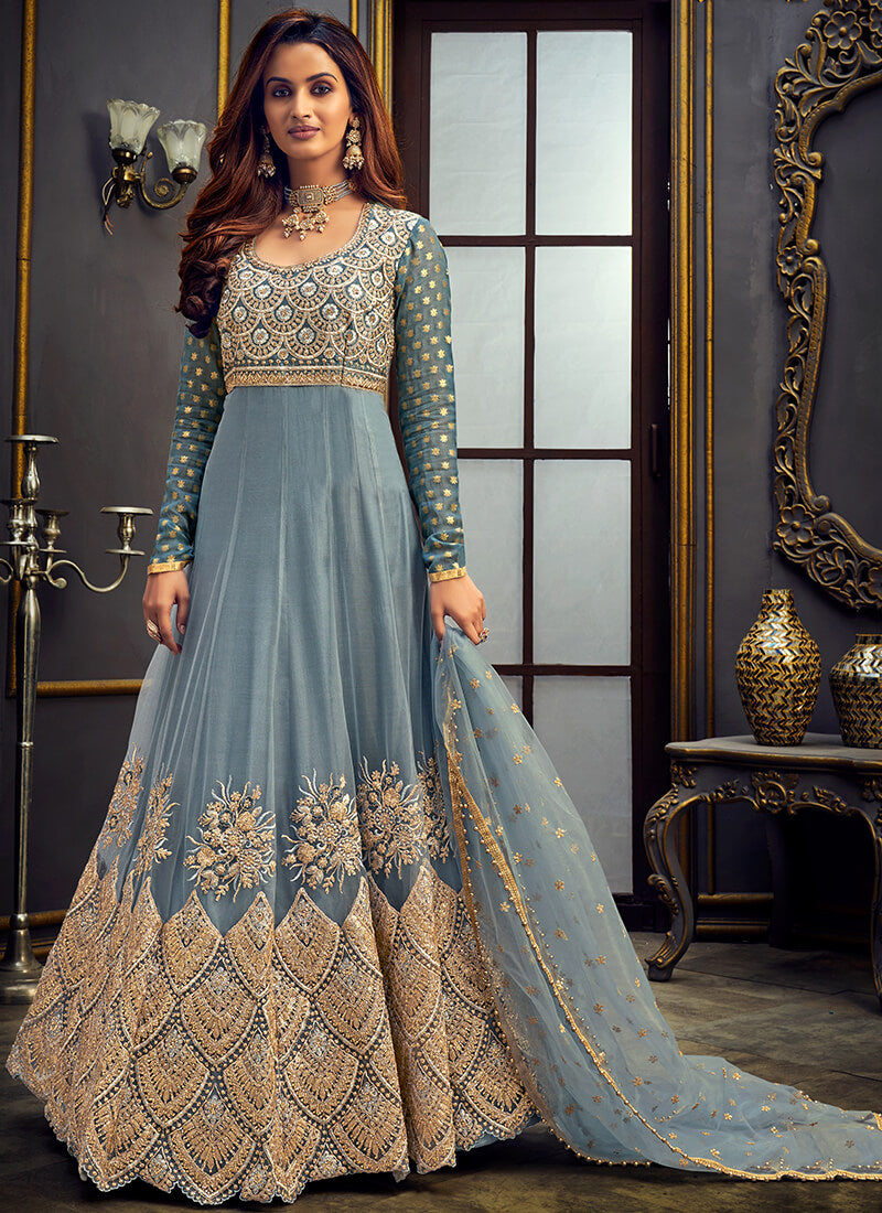 Dusty Blue Embroidered Anarkali Suit