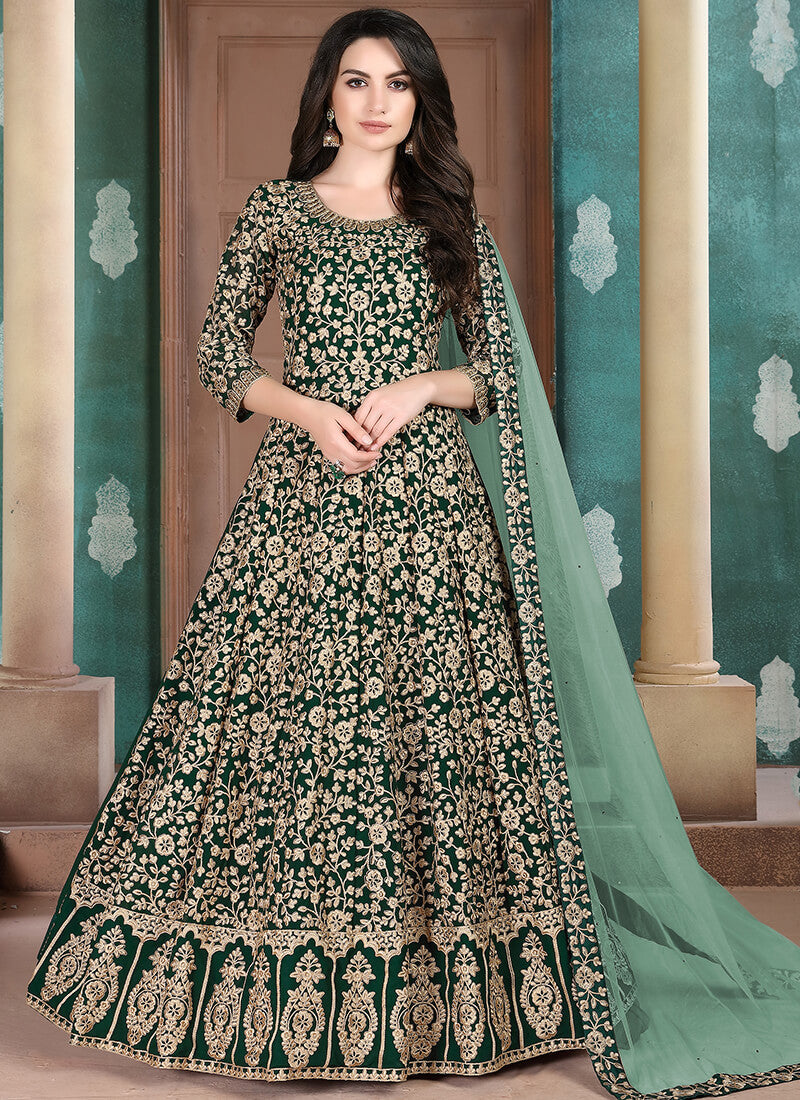 Green and Gold Embroidered Georgette Anarkali