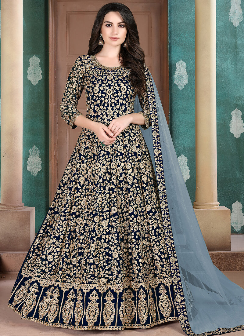 Blue and Gold Embroidered Georgette Anarkali