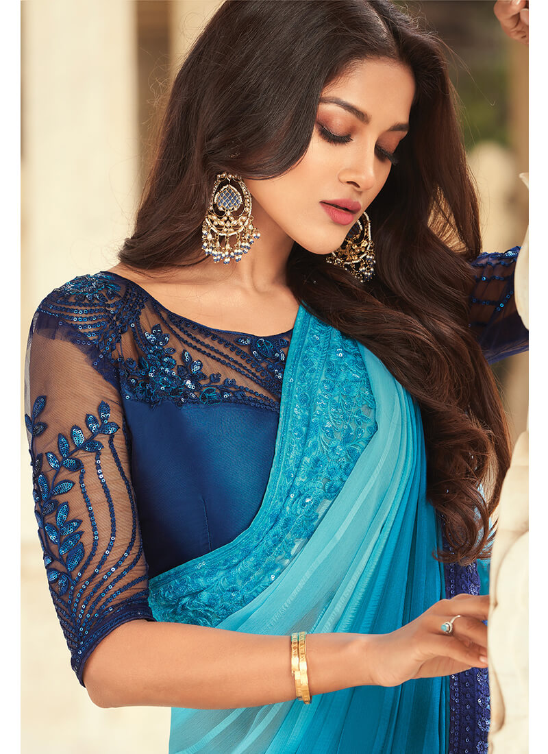 Shaded Light Blue Embroidered Silk Saree