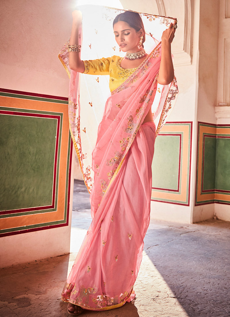 Light Pink and Yellow Embroidered Saree