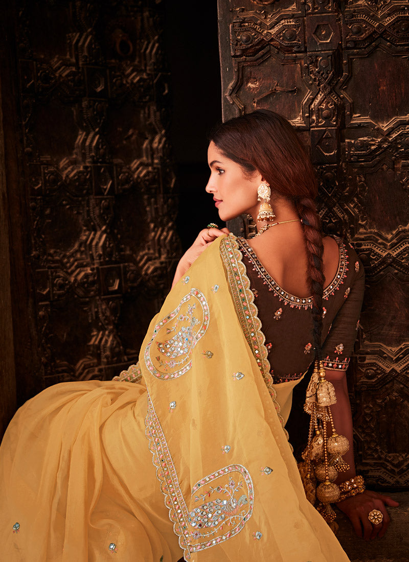 Yellow and Brown Embroidered Saree