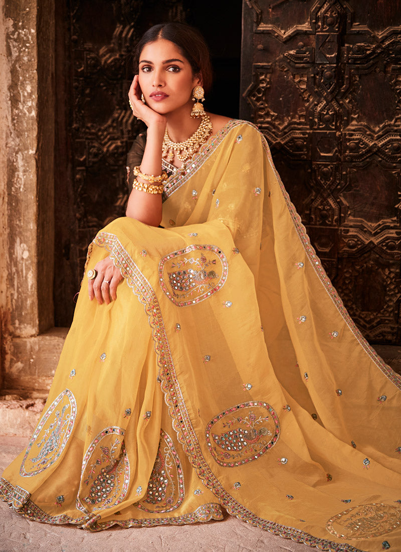 Yellow and Brown Embroidered Saree