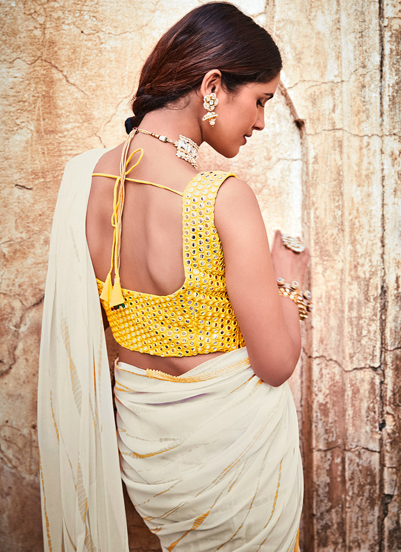 White and Yellow Embroidered Georgette Saree