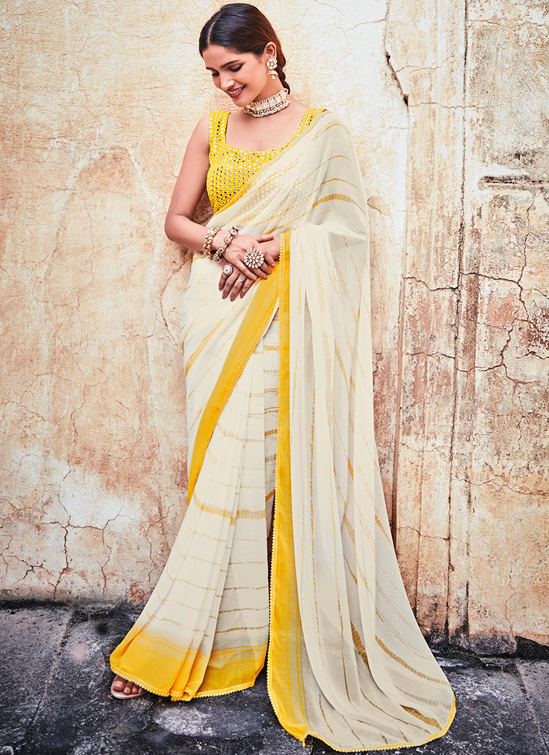 White and Yellow Embroidered Georgette Saree