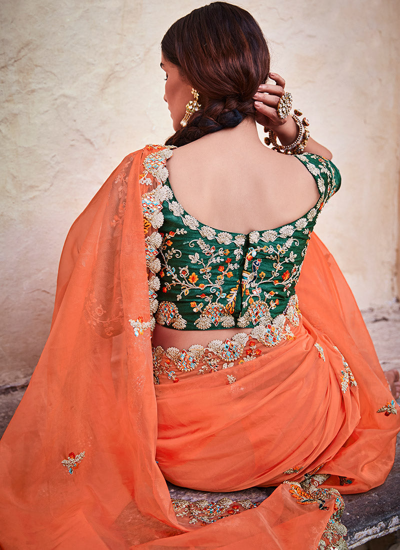 Orange and Green Embroidered Saree