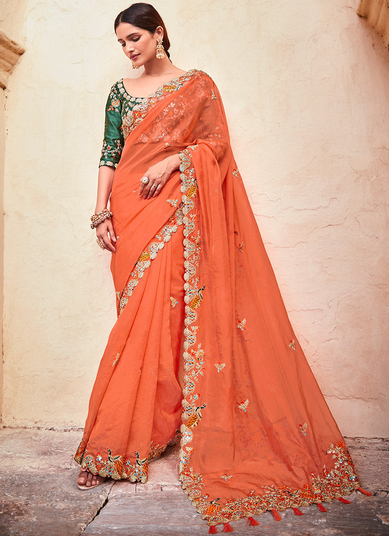 Orange and Green Embroidered Saree