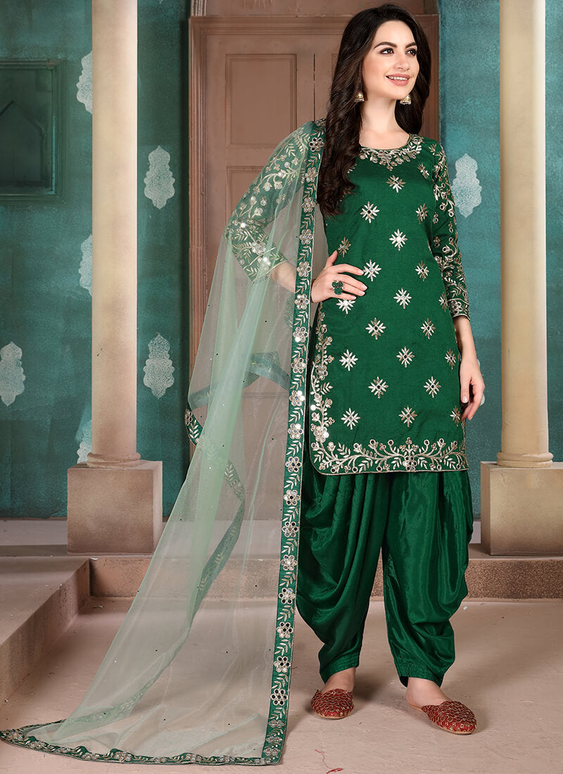 Green Mirror Embroidered Silk Punjabi Suit