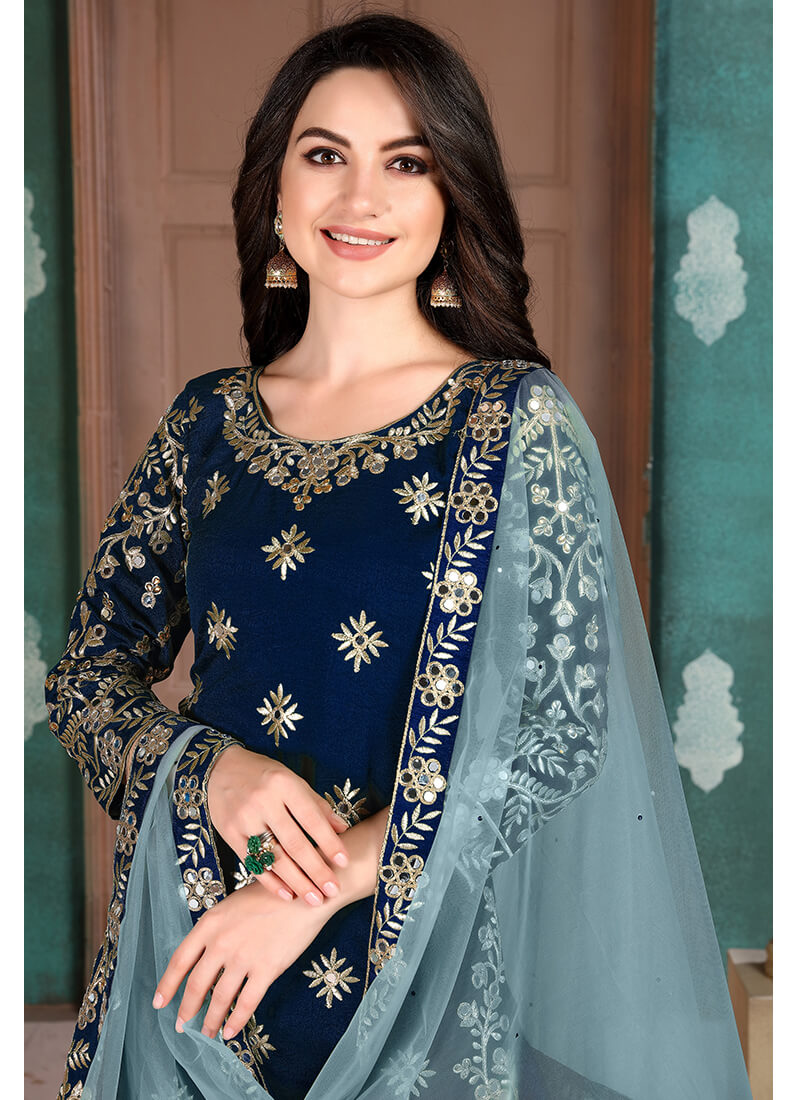 Blue Mirror Embroidered Silk Punjabi Suit
