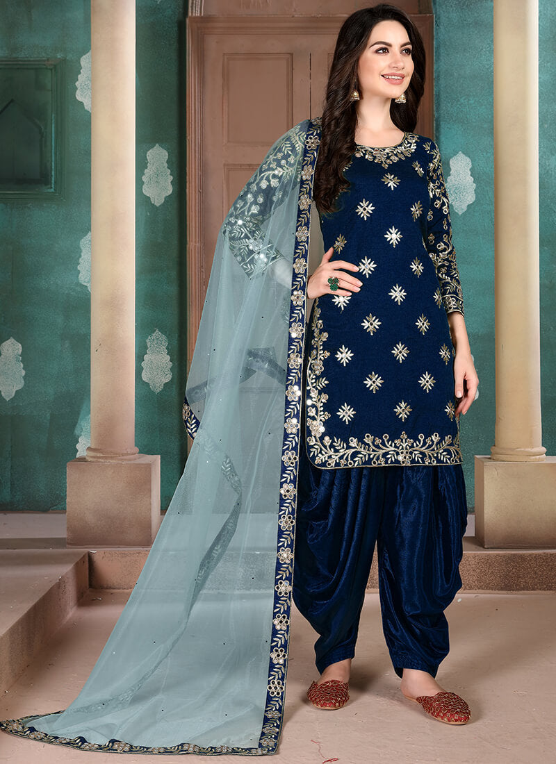 Blue Mirror Embroidered Silk Punjabi Suit