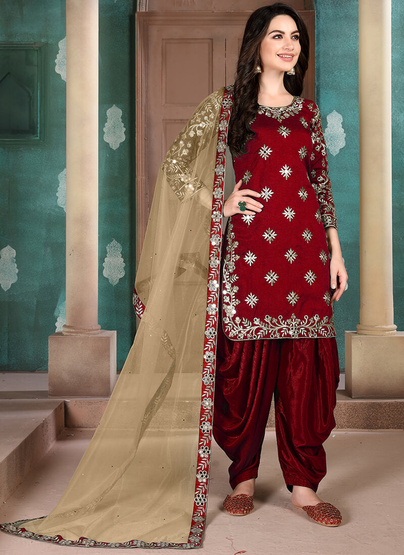 Red Mirror Embroidered Silk Punjabi Suit
