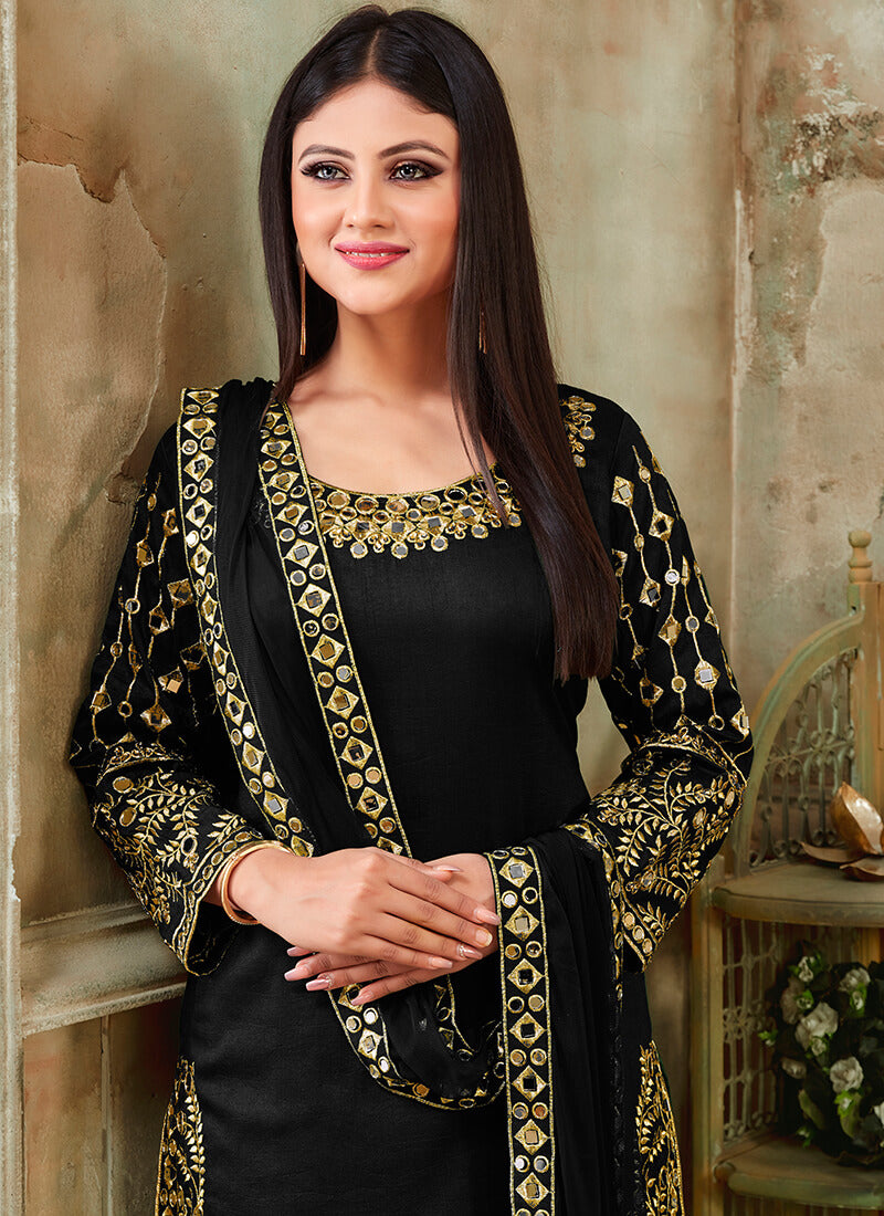 Black Mirror Embroidered Art Silk Punjabi Suit