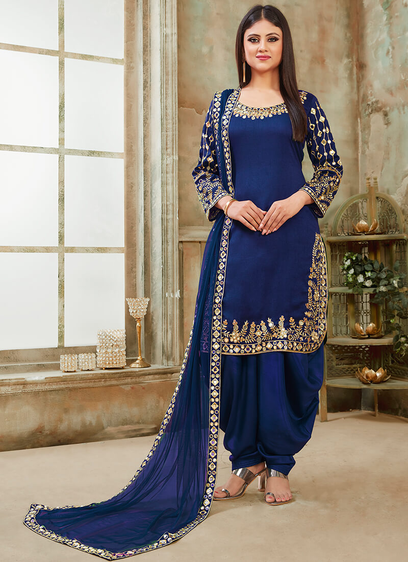 Blue Embroidered Art Silk Punjabi Suit