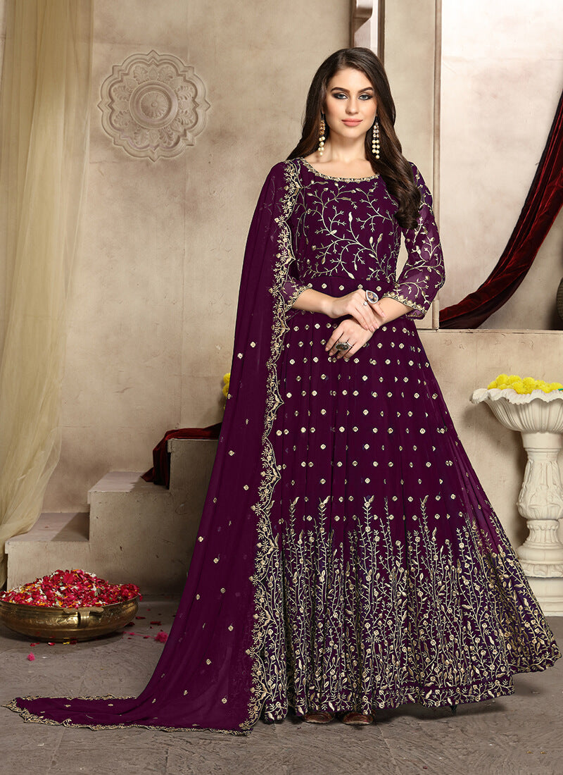 Purple and Gold Embroidered Georgette Anarkali