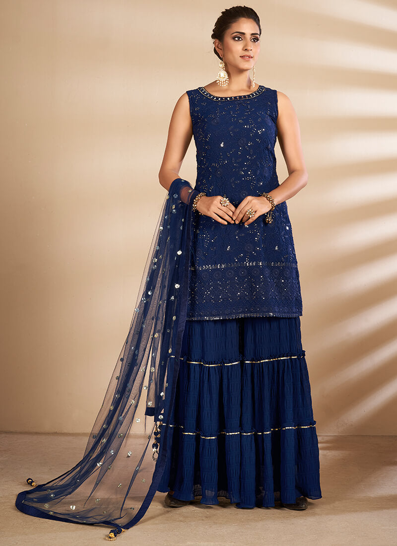 Blue Embroidered Georgette Sharara