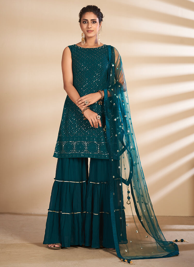 Teal Embroidered Georgette Sharara