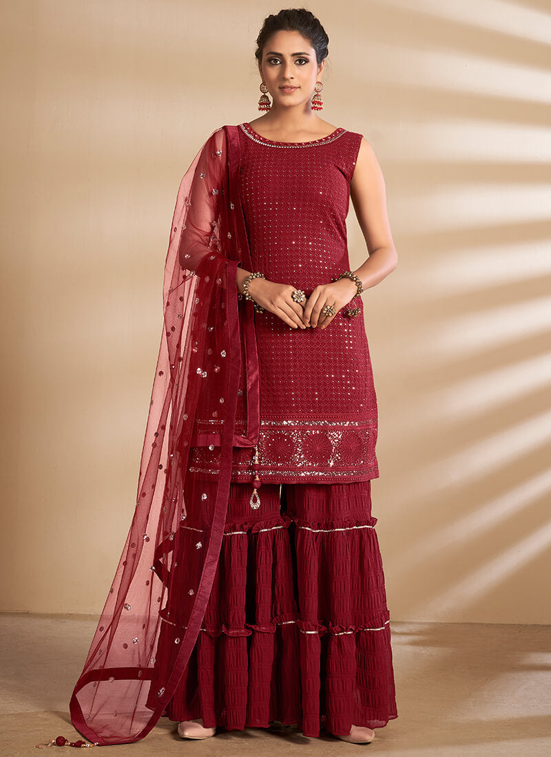 Red Embroidered Georgette Sharara