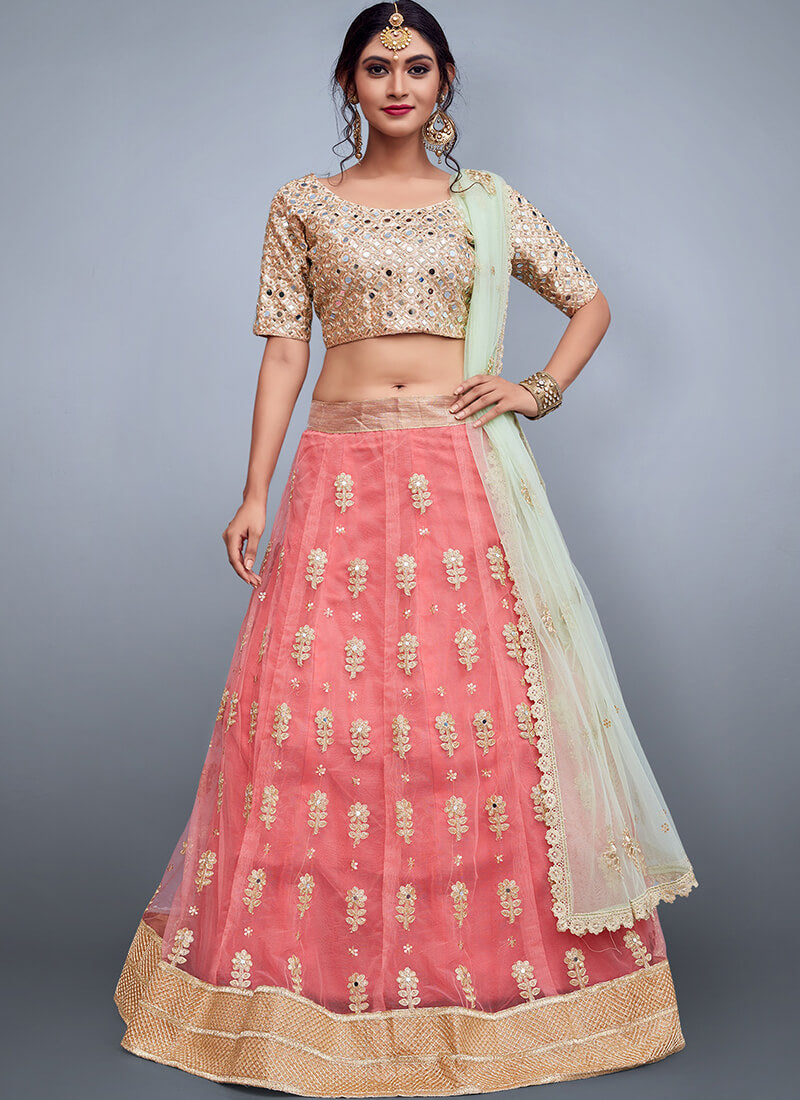 Peach and Mint Mirror Embroidered Net Lehenga