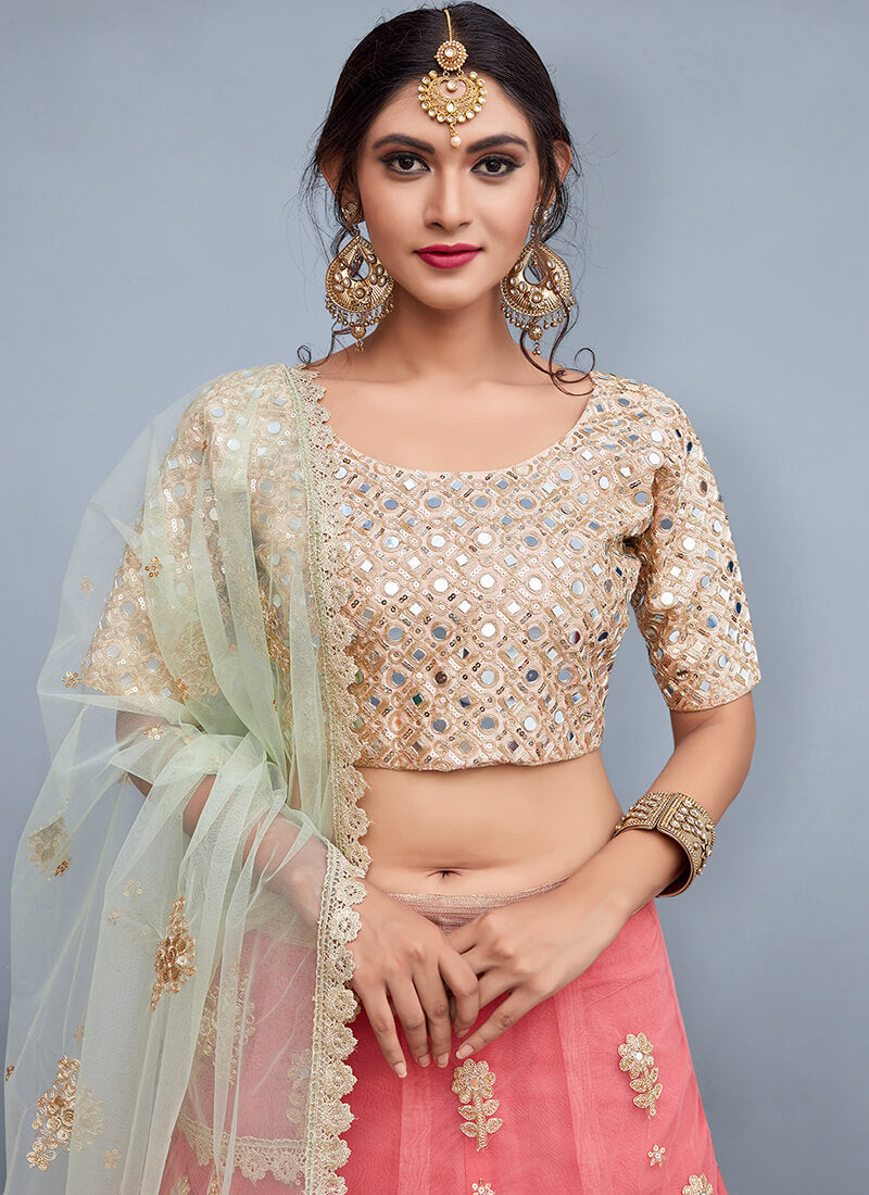 Peach and Mint Mirror Embroidered Net Lehenga