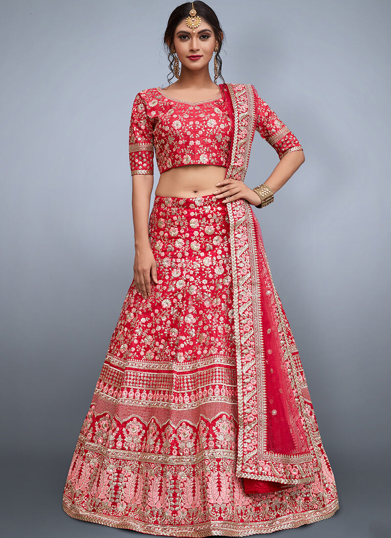 Red and Pink Embroidered Art Silk Lehenga
