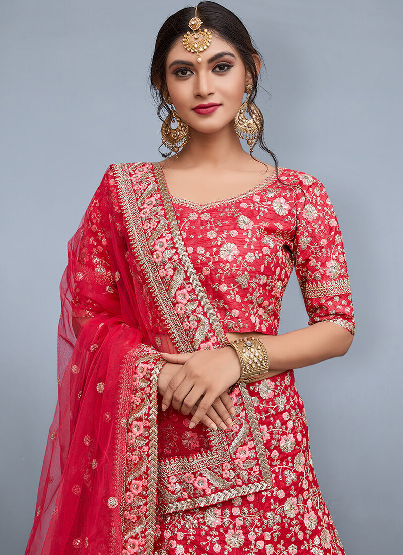 Red and Pink Embroidered Art Silk Lehenga