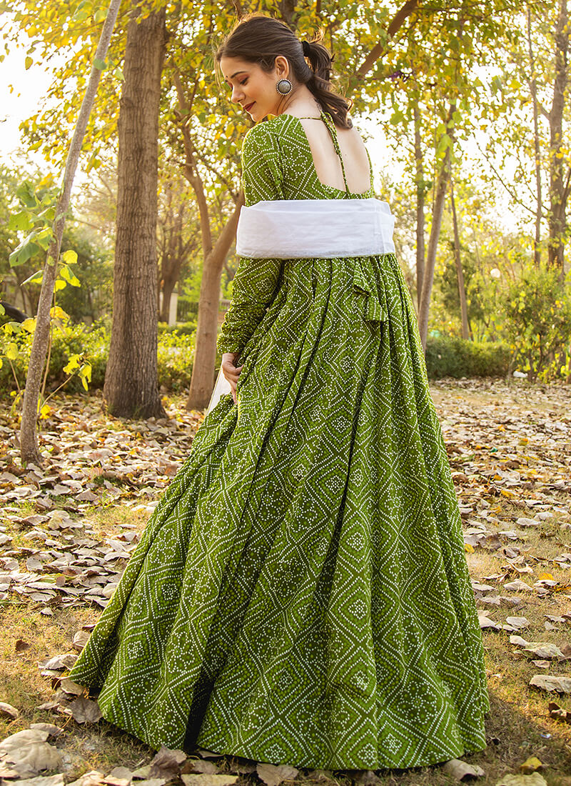 Green and White Embroidered Anarkali