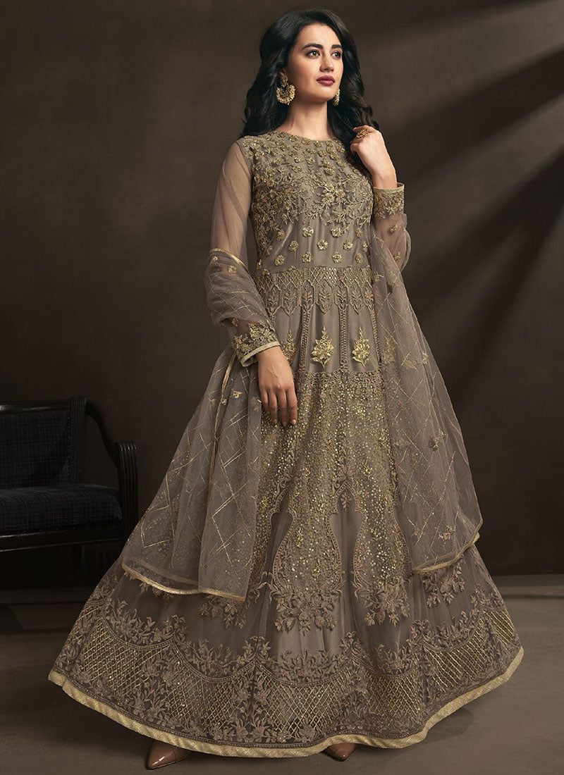 Dusty Taupe and Gold Embroidered Anarkali