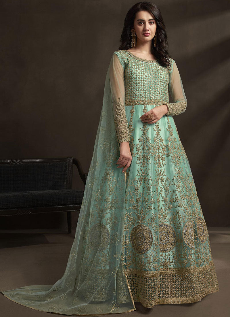 Mint and Gold Embroidered Net Anarkali