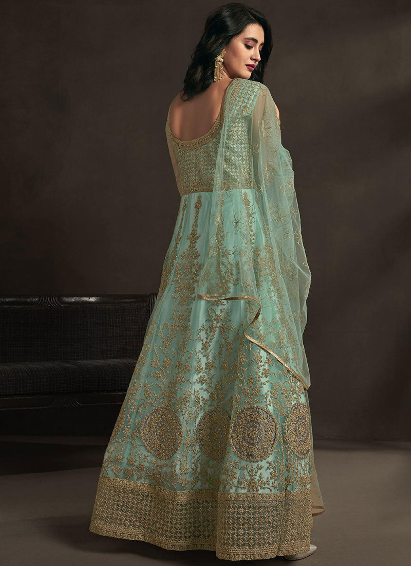 Mint and Gold Embroidered Net Anarkali